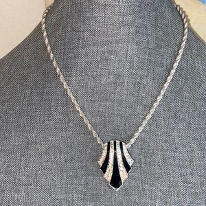 Vintage AVON NR Black Enamel Rhinestoned Pendant & Chain